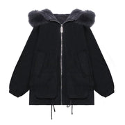 Casual black Letter coats plus size snow jackets faux fur collar pockets coats - SooLinen