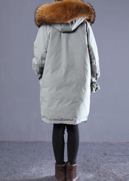 Casual gray green duck down coat oversize down jacket winter hooded zippered flare sleeve fur collar outwear - SooLinen