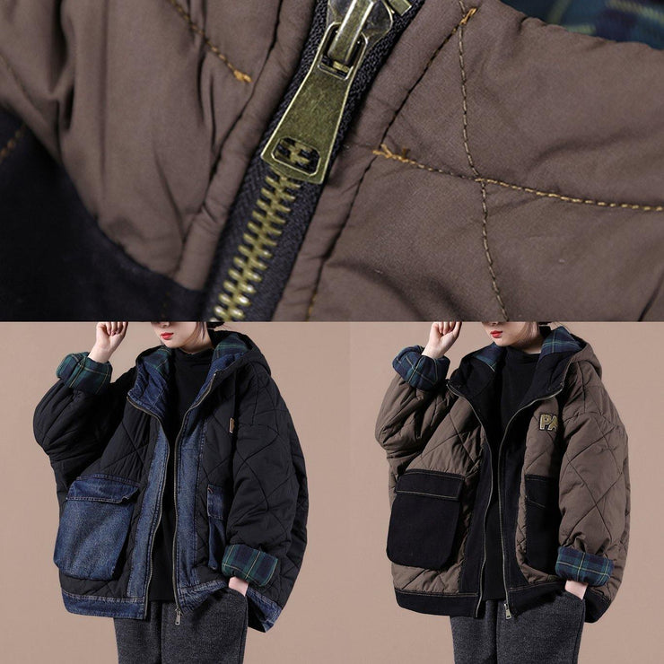 Casual oversize warm winter coat chocolate hooded patchwork plaid Parkas for women - SooLinen