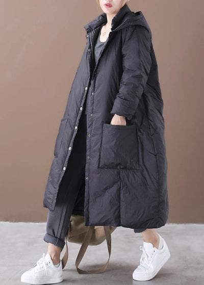 Casual plus size winter jacket overcoat black hooded Button Down warm winter coat - SooLinen