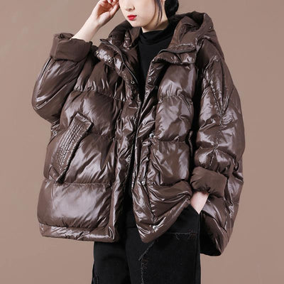 Casual plus size womens parka Jackets chocolate hooded zippered down coat - SooLinen