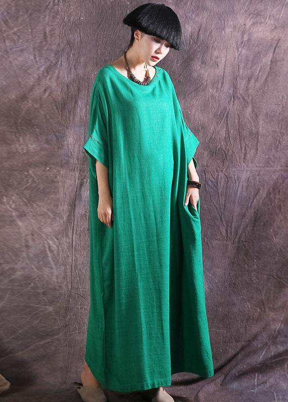 Chic Batwing Sleeve cotton linen dress Tutorials green o neck Dress summer - SooLinen