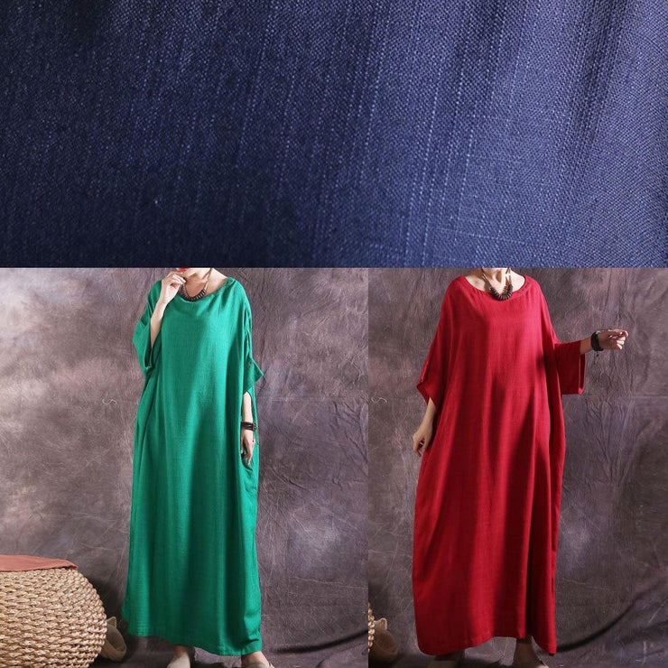 Chic Batwing Sleeve cotton linen dress Tutorials green o neck Dress summer - SooLinen