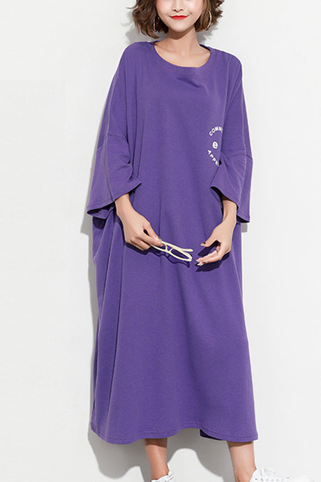 Chic Batwing Sleeve cotton tunic dress2025 Work Outfits purple print Maxi Dresses Summer