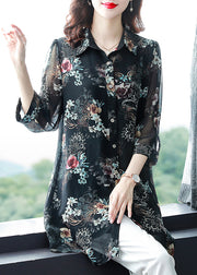 Schicke schwarze Knopf-Peter-Pan-Kragen-Druck-lange Chiffon-Blusen Ärmel mit drei Vierteln