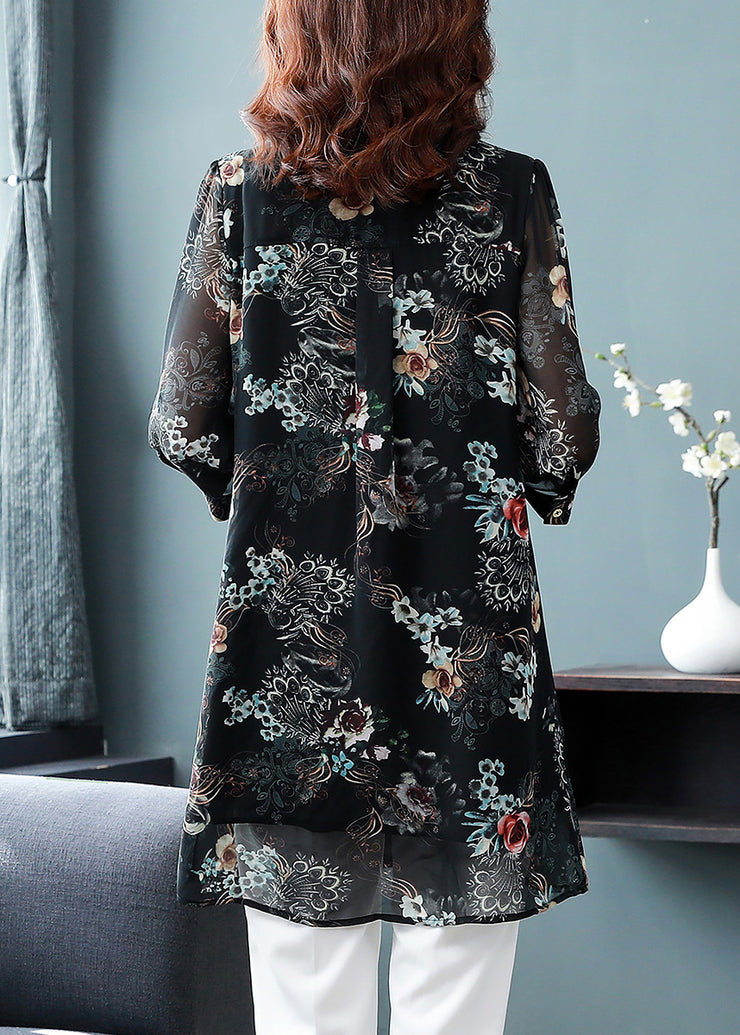 Schicke schwarze Knopf-Peter-Pan-Kragen-Druck-lange Chiffon-Blusen Ärmel mit drei Vierteln