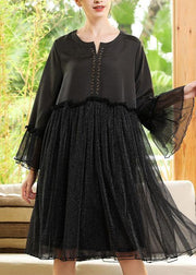 Chic Black Flare Sleeve Chiffon Patchwork Summer Dress - SooLinen