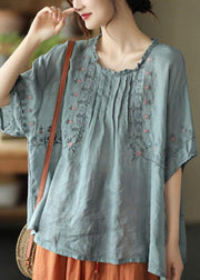 Chic Black O-Neck Embroideried Summer Ramie Half Sleeve - SooLinen
