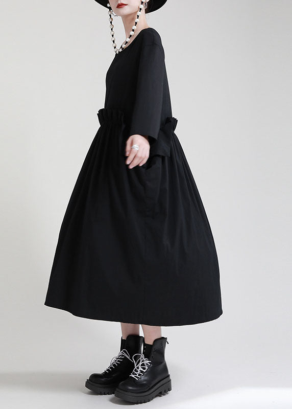Schicke schwarze Patchwork-Taschen mit O-Ausschnitt Herbstkleid mit langen Ärmeln