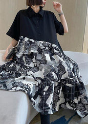 Chic Black Patchwork Print Cotton Button Summer Maxi Dress - SooLinen