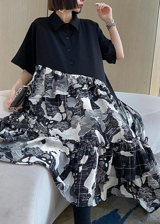 Chic Black Patchwork Print Cotton Button Summer Maxi Dress - SooLinen