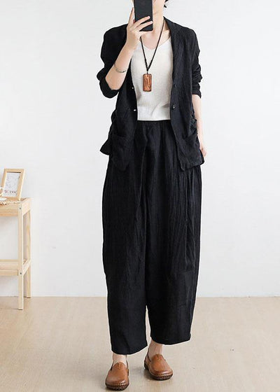 Chic Black Peter Pan Collar Linen Spring Jackets - SooLinen