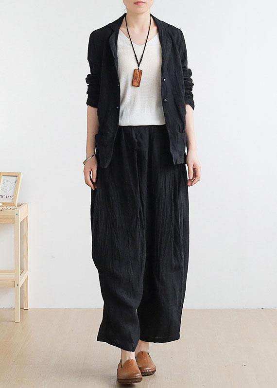 Chic Black Peter Pan Collar Linen Spring Jackets - SooLinen