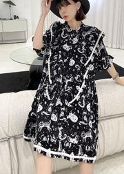 Chic Black Print Asymmetric Short Sleeve Dress - SooLinen