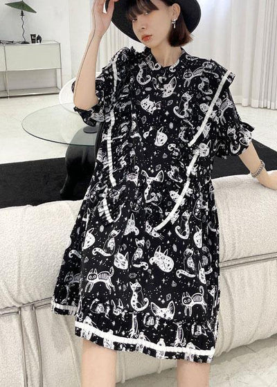 Chic Black Print Asymmetric Short Sleeve Dress - SooLinen