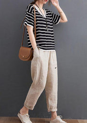 Chic Black Striped V Neck Cotton Linen Summer Tee - SooLinen