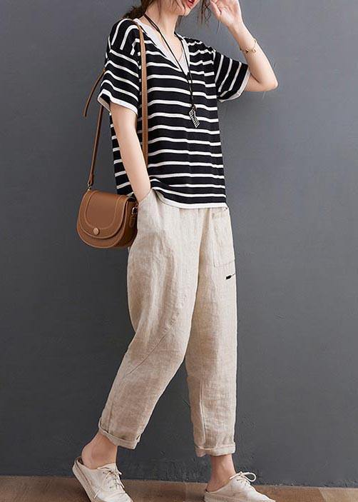 Chic Black Striped V Neck Cotton Linen Summer Tee - SooLinen