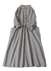 Chic Black White Plaid Pockets Button Tie Waist Fall Patchwork Dress Long sleeve - SooLinen