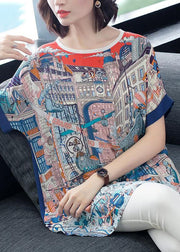 Chic Blue O-Neck Print Patchwork Chiffon Loose Tanks Short Sleeve