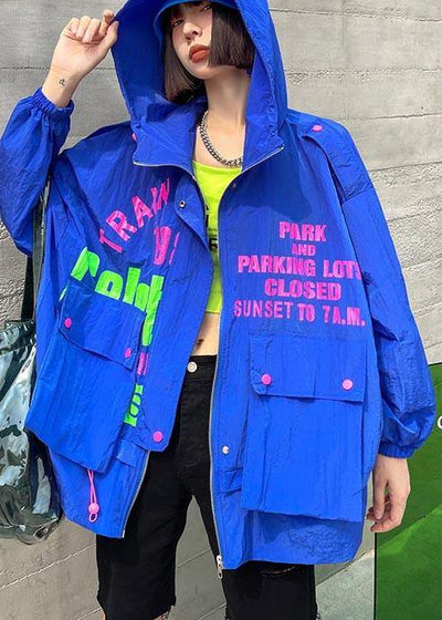 Chic Blue Print Pockets zippered Spring Hooded Coat - SooLinen