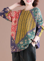 Chic Color Block O-Neck Print Cotton Sweater - SooLinen