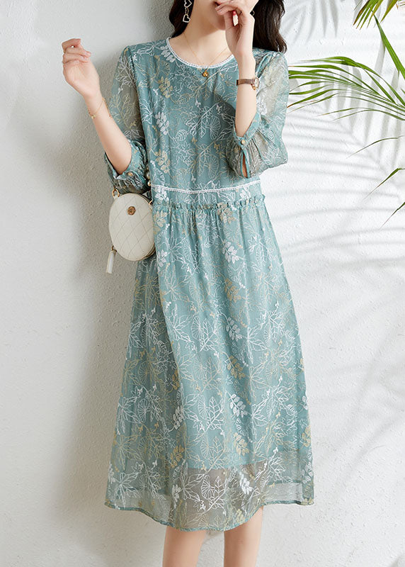 Chic Grey Blue Hollow Out printing Silk Dress Long Sleeve