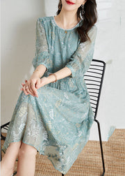 Chic Grey Blue Hollow Out printing Silk Dress Long Sleeve