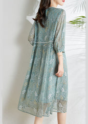Chic Grey Blue Hollow Out printing Silk Dress Long Sleeve