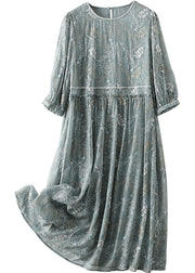 Chic Grey Blue Hollow Out printing Silk Dress Long Sleeve