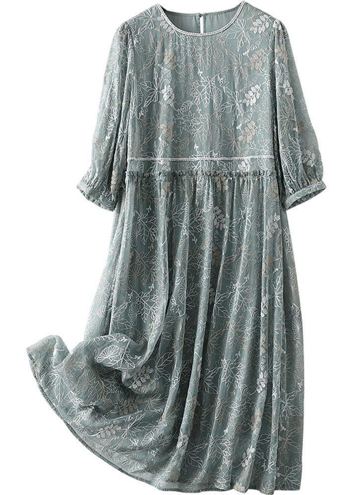 Chic Grey Blue Hollow Out printing Silk Dress Long Sleeve