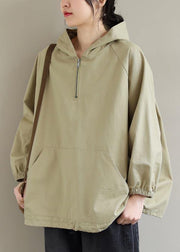 Chic Hooded Zip Up Spring Clothes For Women Work Outfits Khaki Blouses - SooLinen