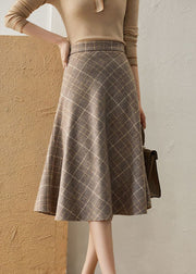Schicker Khaki-Karorock mit hoher Taille und romantischem Herbst-Wollrock