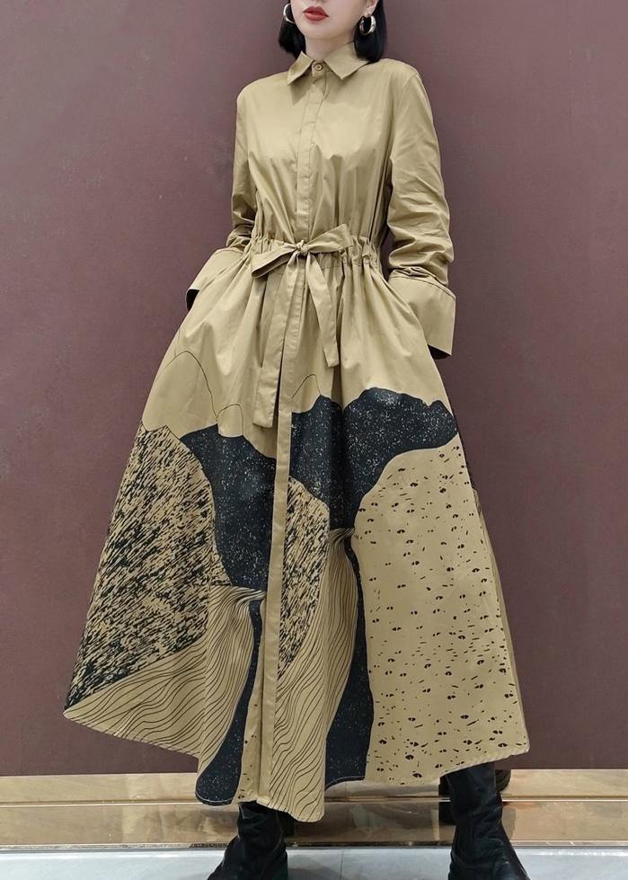 Chic Khaki Print Tunics Lapel Drawstring Robes Spring Dresses - SooLinen