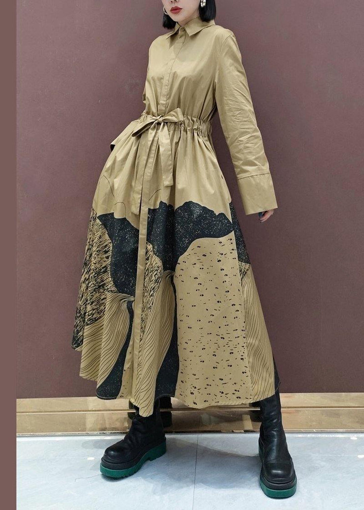 Chic Khaki Print Tunics Lapel Drawstring Robes Spring Dresses - SooLinen