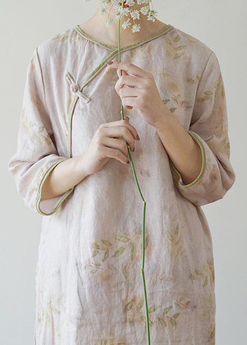 Chic Light Pink O-Neck side open Print Linen Dresses Three Quarter sleeve