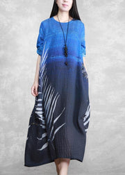 Chic O Neck Asymmetric Spring Tunics Blue Black Print Plus Size Dresses - SooLinen