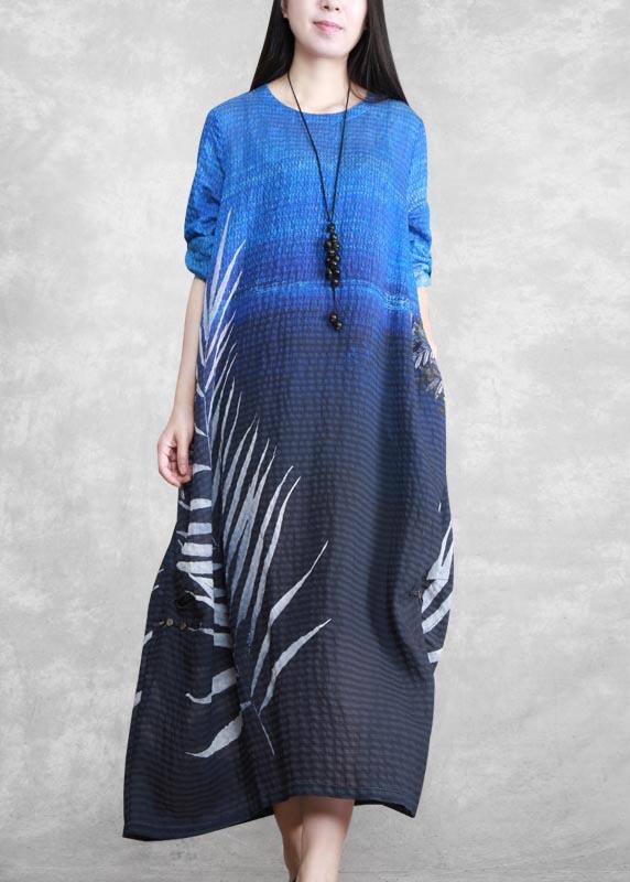 Chic O Neck Asymmetric Spring Tunics Blue Black Print Plus Size Dresses - SooLinen