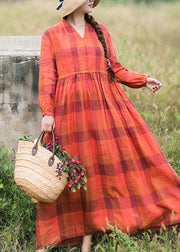 Chic Orange Plaid Clothes O Neck Drawstring Spring Dress - SooLinen