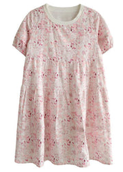 Chic Pink Puff Sleeve Print Summer Cotton Dresses - SooLinen