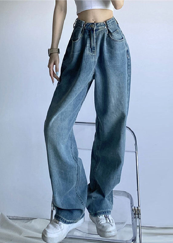 Chic Vintage Blue High Waist Draping Cotton Denim Wide Leg Pants Summer