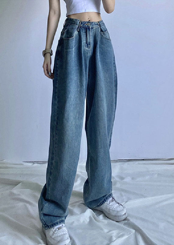 Chic Vintage Blue High Waist Draping Cotton Denim Wide Leg Pants Summer