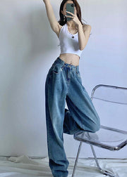 Chic Vintage Blue High Waist Draping Cotton Denim Wide Leg Pants Summer