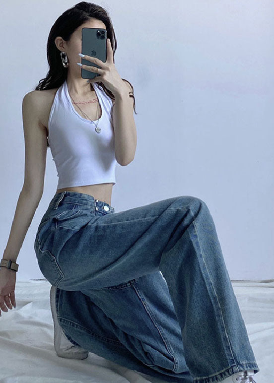 Chic Vintage Blue High Waist Draping Cotton Denim Wide Leg Pants Summer