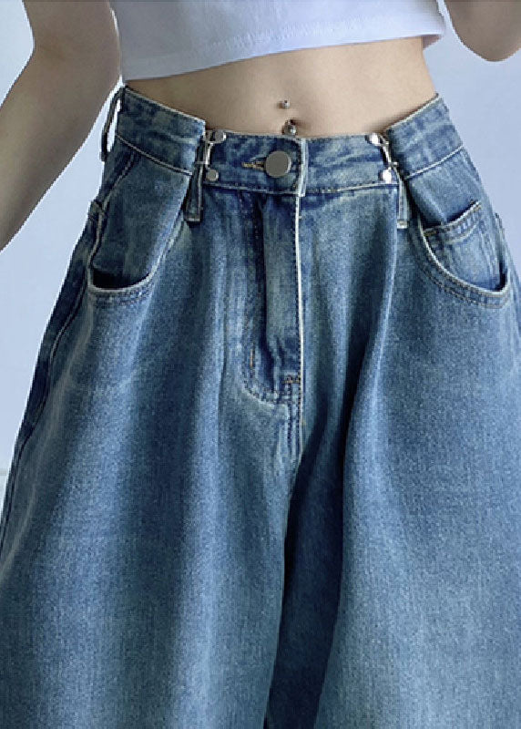 Chic Vintage Blue High Waist Draping Cotton Denim Wide Leg Pants Summer