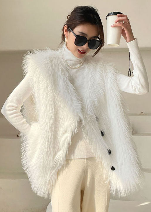 Chic White Button Fuzzy Fur Tops Ärmellose Weste