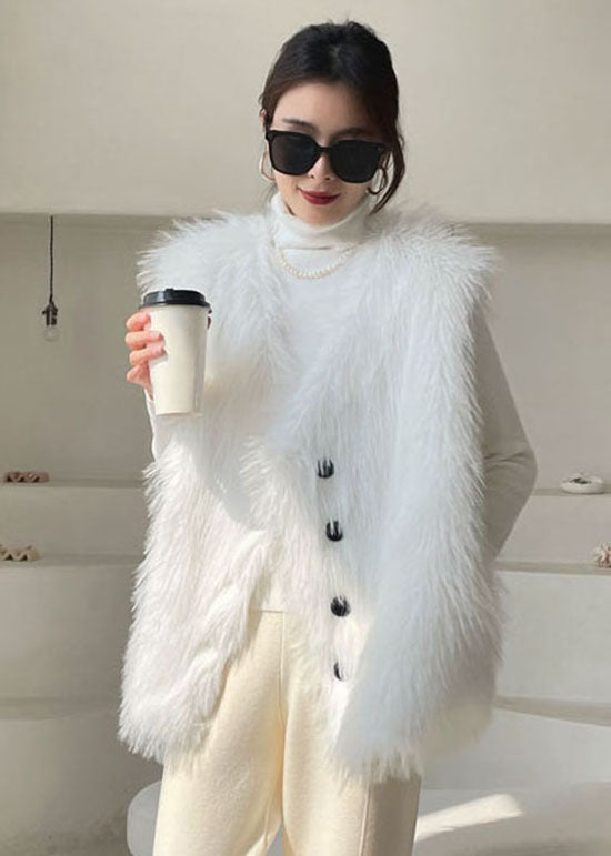 Chic White Button Fuzzy Fur Tops Ärmellose Weste