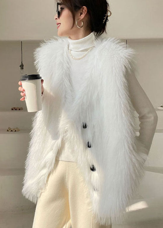 Chic White Button Fuzzy Fur Tops Ärmellose Weste
