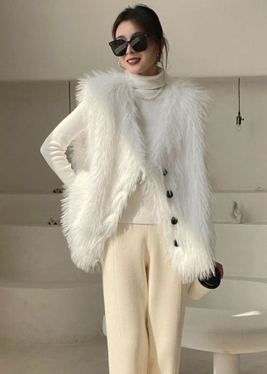 Chic White Button Fuzzy Fur Tops Ärmellose Weste