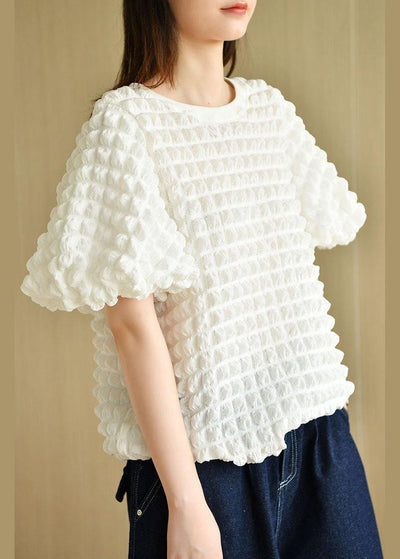 Chic White O-Neck Puff Sleeve Summer Cotton Tops - SooLinen