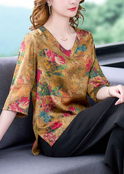 Chic Yellow Side Open V Neck Print Silk Blouse Tops Half Sleeve